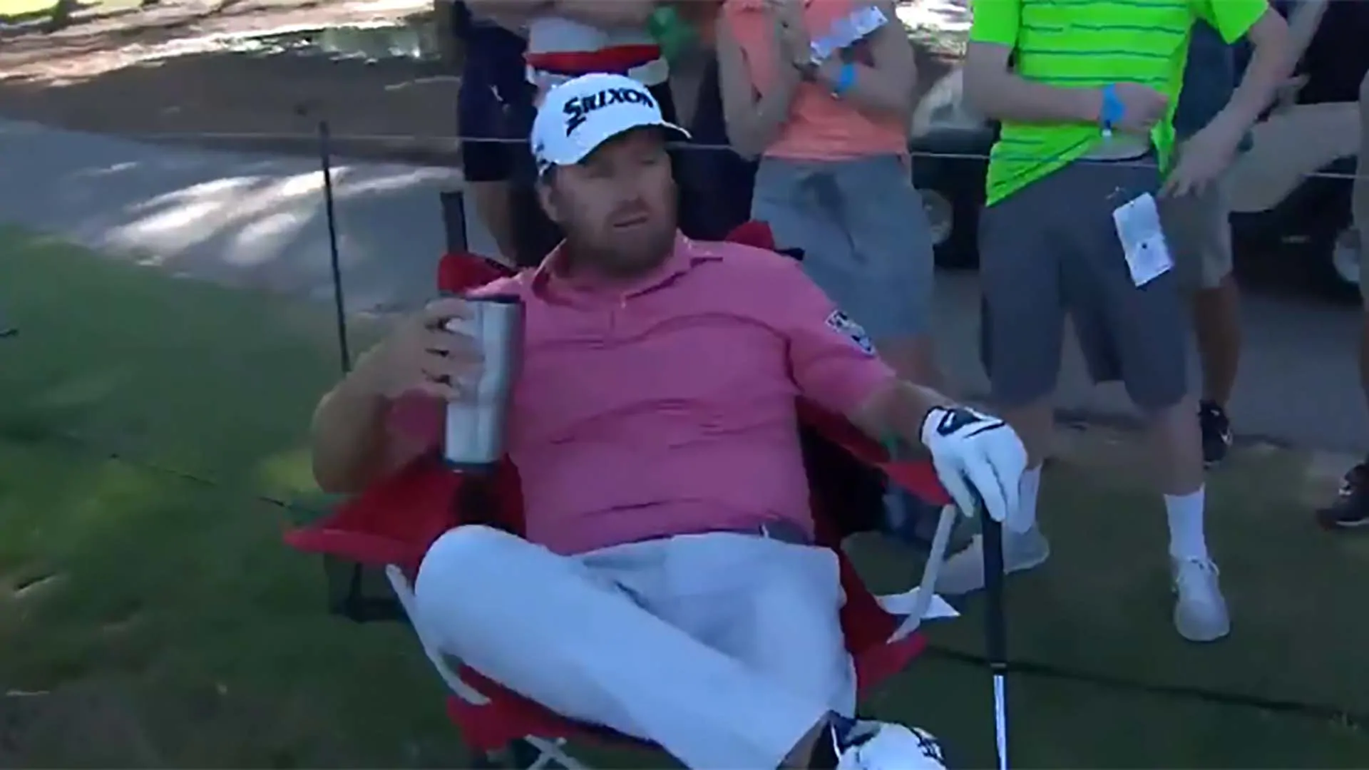 Watch: G-Mac holes out for eagle, celebrates with drink in fan's chair