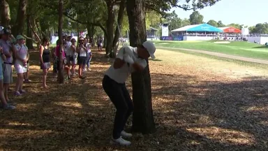 Koepka hits from behind a tree on Valspar No. 10